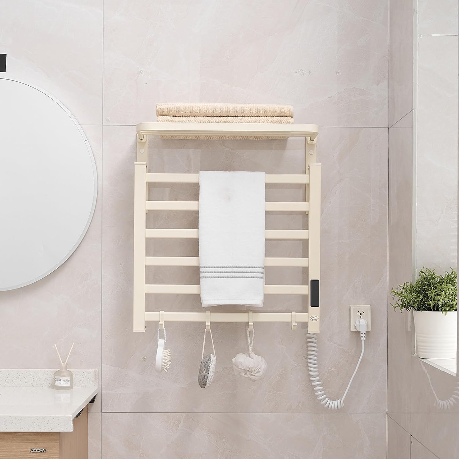 Heated Towel Rack for Bathroom Towel Warmer Racks with Shelf, 6 Bars Wall Mounted Heated Towel Rack with Timer & Temperature Multi-Level Adjustments, LED Display, Support Plug-in and Hardwired