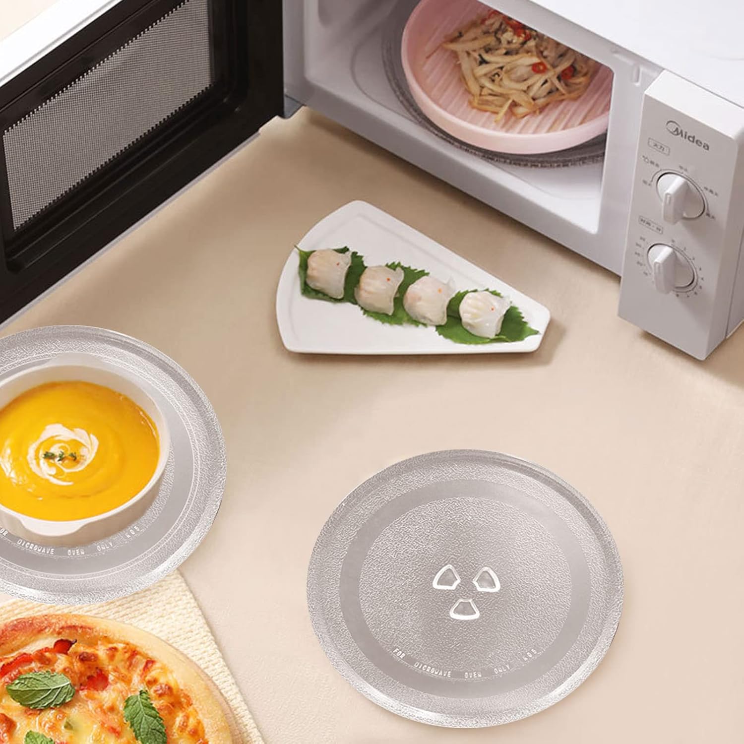 24.5 cm/9.6" Microwave Glass Plate, Universal Thickened Heat Resistant Microwave Glass Turntable Plate Replacement with 3 Fixers for Small Microwaves（245mm）