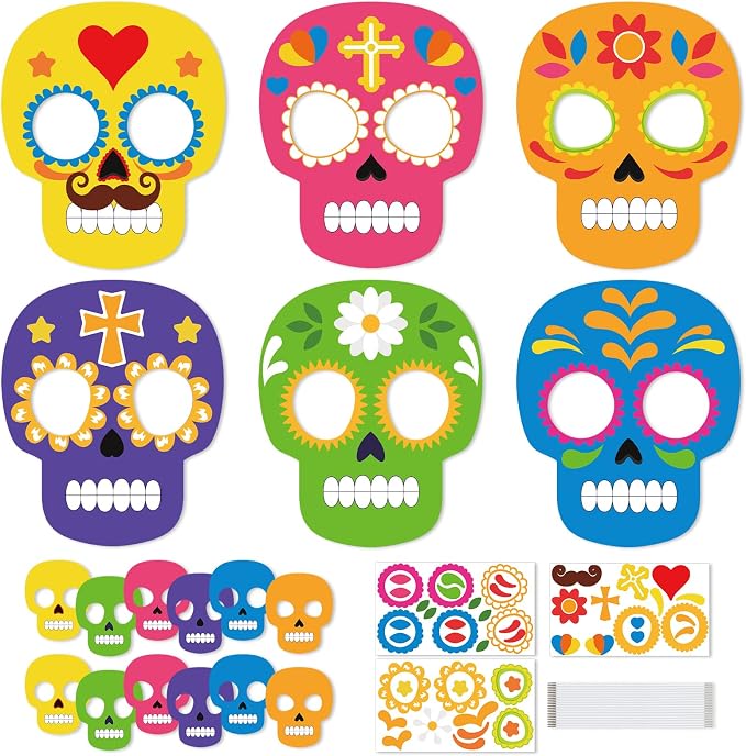 12Pcs Day of The Dead Craft for Kids, DIY Sugar Skull Masks Kit