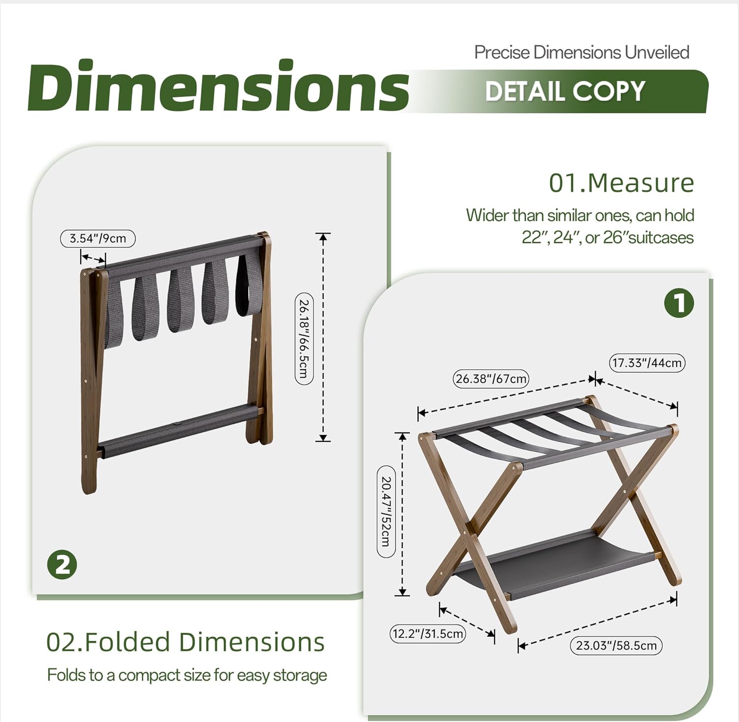 Luggage Rack, Set of 2, Folding Suitcase Stand with Storage Shelf, Premium Bamboo Luggage Holder for Guest Room, Bedroom, Hotel, Closet, Holds up to 135 lb (Walnut)