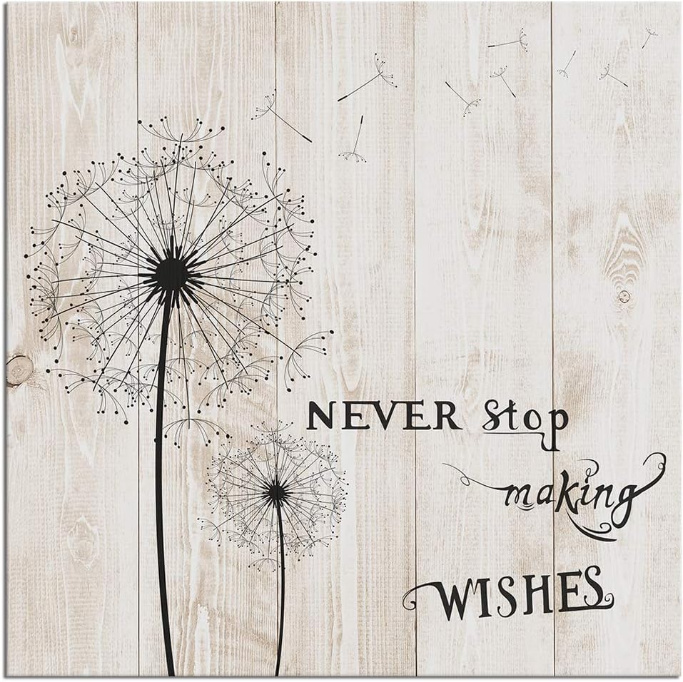 Abstract Flower Canvas Wall Poster Decor Black Dandelion with Never Stosp Making Wishes Quotes Picture Print Wood Background Painting Wall Decoration for Bathroom Bedroom Vintage Floral Landscape