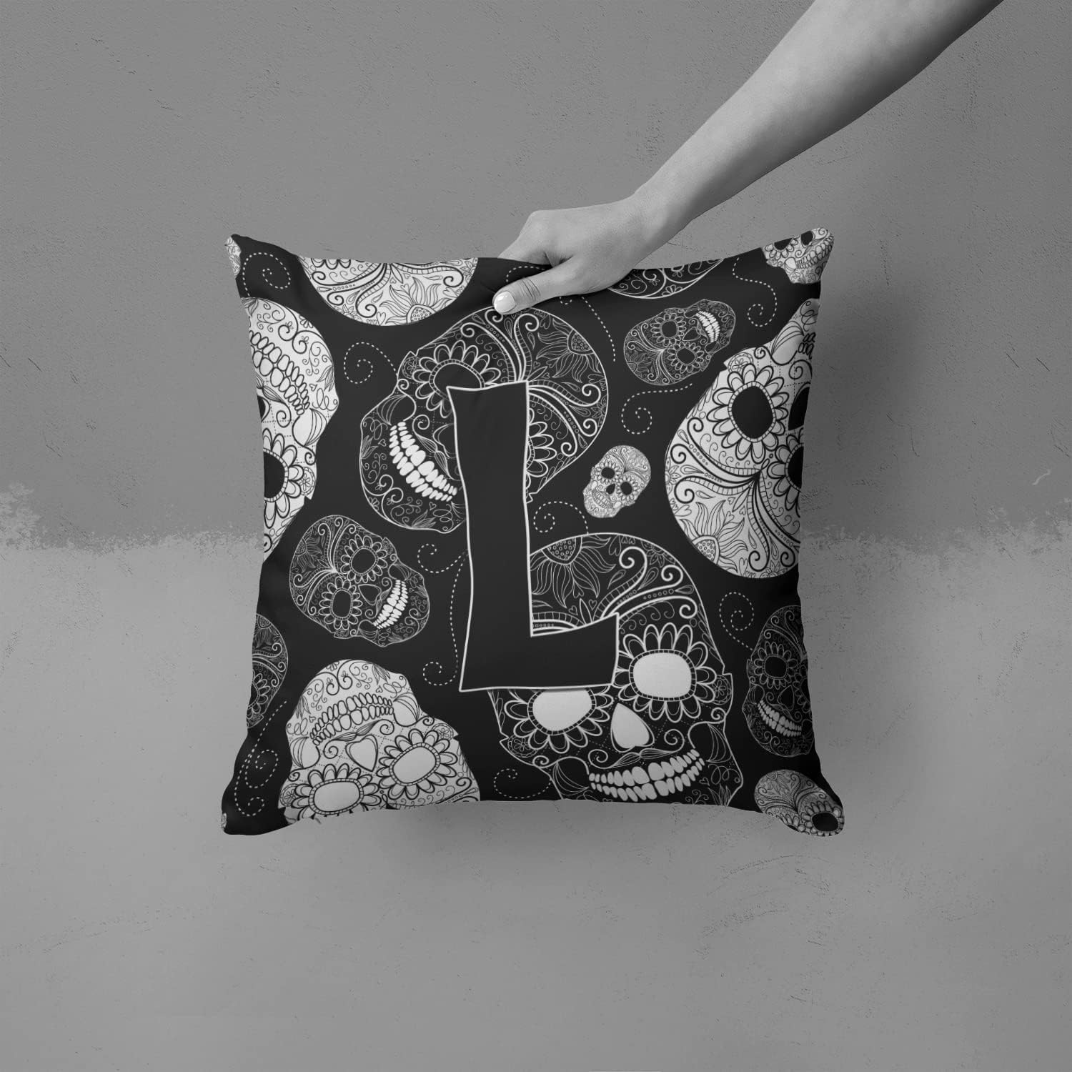 Caroline's Treasures CJ2008-LPW1414 Letter L Day of The Dead Skulls Black Fabric Decorative Pillow Machine Washable, Indoor Outdoor Decorative Pillow for Couch, Bed or Patio, 14Hx14W