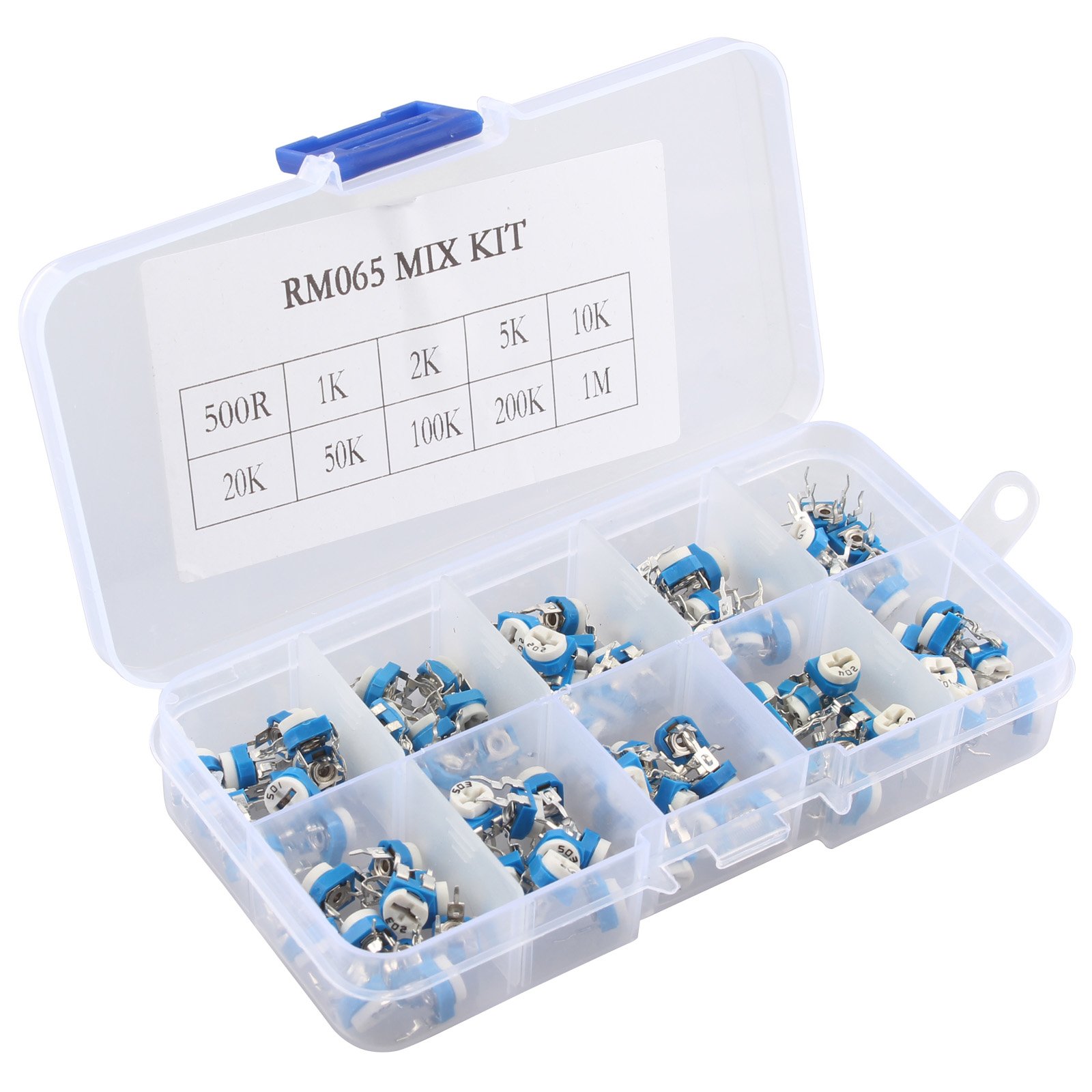 RM065, kit di 100 pezzi assortiti di trimmer di 6 mm di 10 valori. Kit di potenziometri con resistori variabili e valigetta di plastica