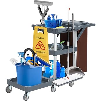Cleaning Trolley Serving Trolley with Wheels 6 with Cover and Fleece Bag Cleaning Trolley for Households Hotels Design Maximum Load 136 kg Dimensions 95 cm D x 49 cm W x 22 cm H