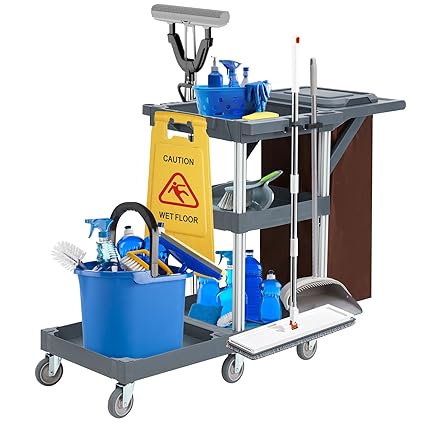 Commercial Traditional Cleaning Janitorial 3-Shelf Cart on Wheels, 300 Lbs Capacity Housekeeping Cart, Wheeled with 25 Gallon Zippered VinylBag and Cover w Lid, Heavy-Duty