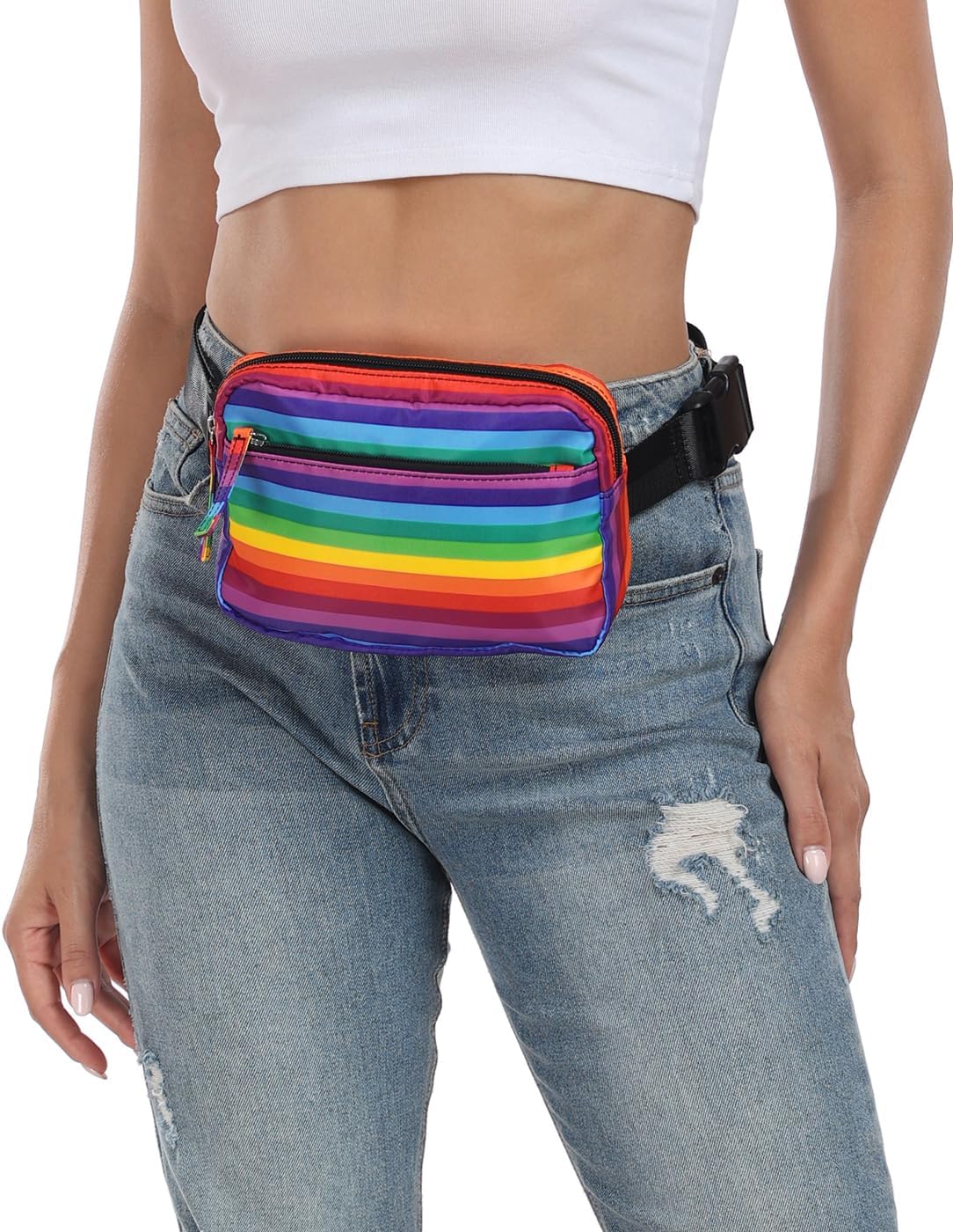 HDE Crossbody Bum Bag with Long Strap - Cute Print 2L Mini Belt Bag - Small Fanny Pack Easy Adjustable Length Sling for Women - Rainbow Stripe