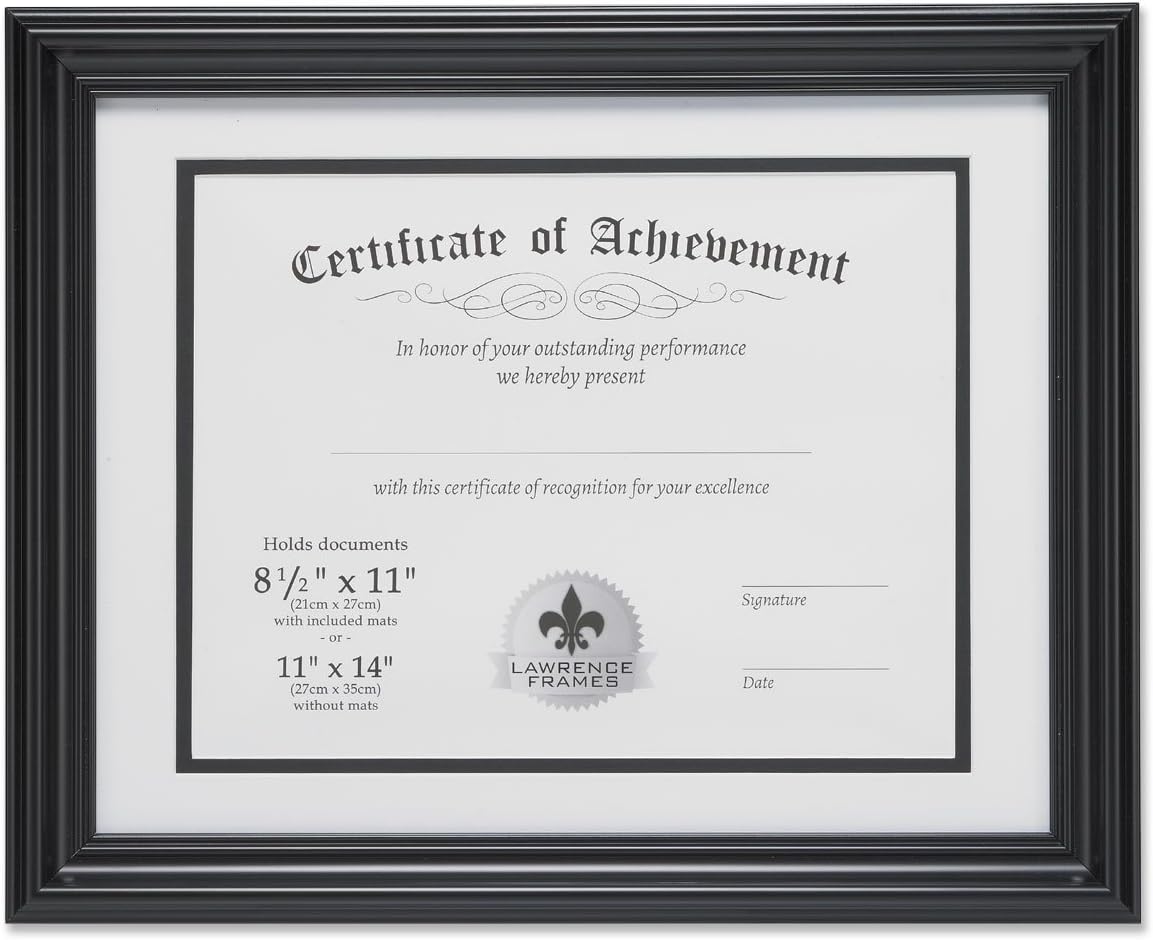 Lawrence Frames Dual Use 11 by 14-Inch Certificate Picture Frame with Double Bevel Cut Matting for 8.5 by 11-Inch Document, Black