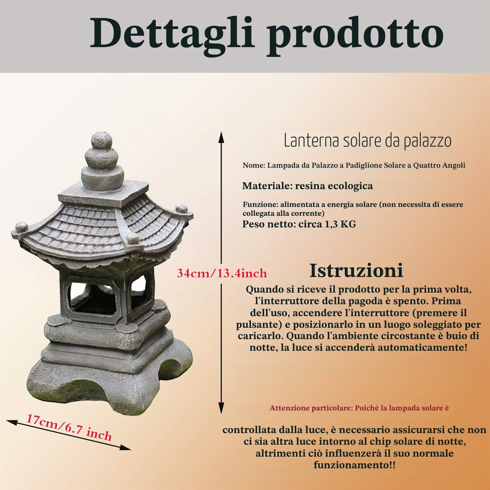 Outdoor Japanese Tachi-Gata Style Solar Zen Garden Lights Lanterna Pagoda Light Solar Floor Garden Lampada in resina impermeabile Statua Fattoria Balcone Decorazione creativa Lampada,17*34cm