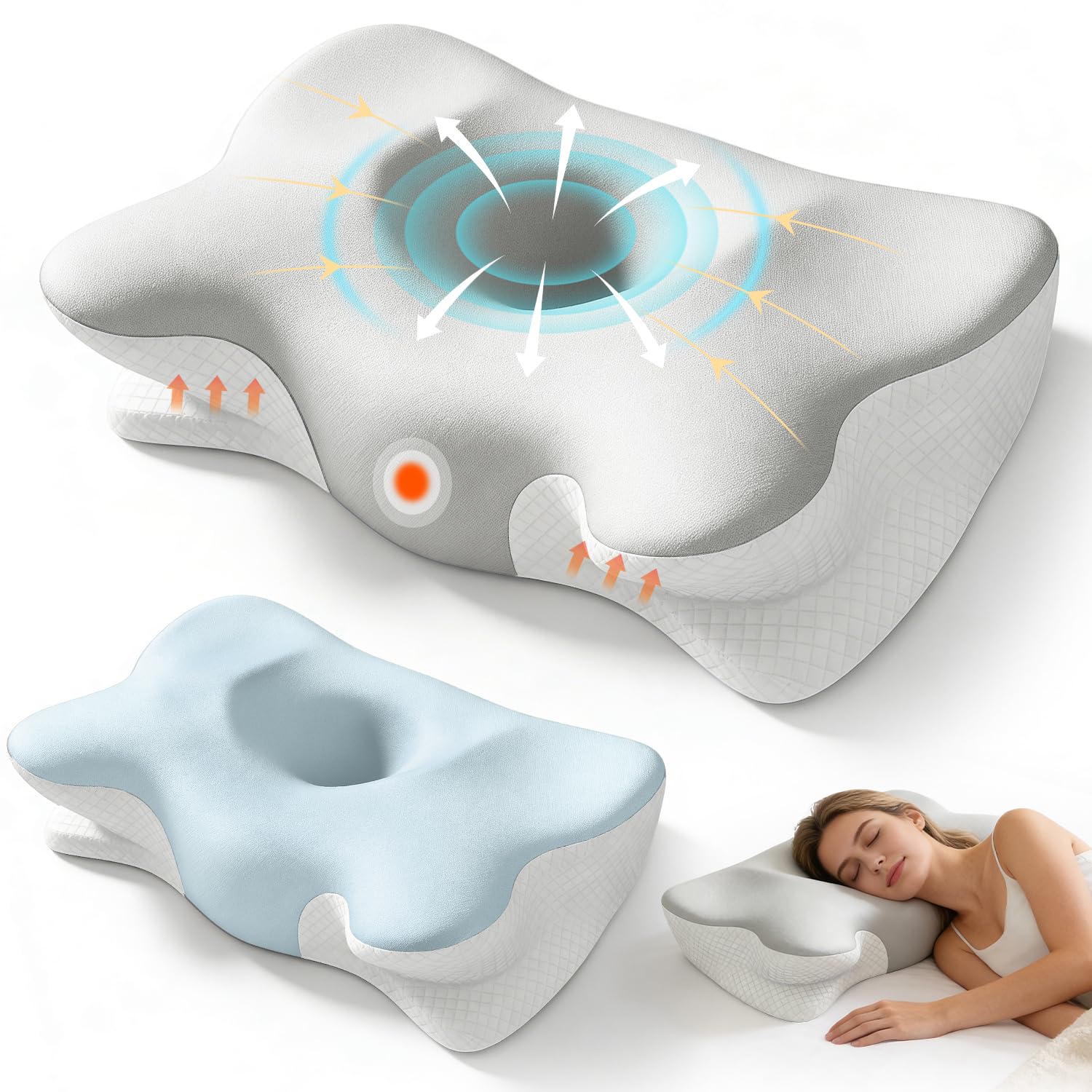BOYUNSHI Cuscino in memory foam, cuscino ergonomico per alleviare il dolore al collo e alle spalle, cuscino ortopedico per il collo per dormire, fianco, stomaco, con 2 federe rimovibili grigie e blu