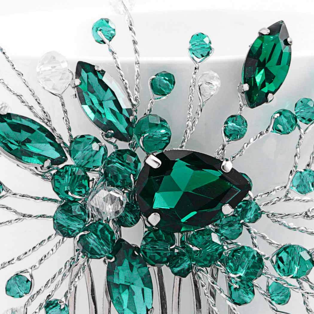 IYOU Diadema de princesa con cristales verdes, peineta para novia, accesorios para el pelo para bodas, para mujeres y niñas (plateado)