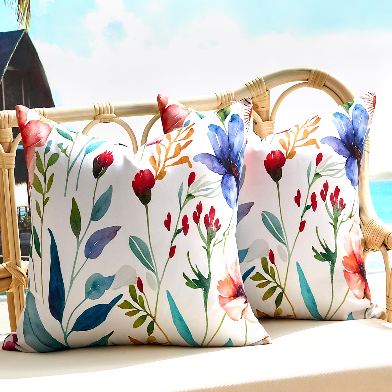Waterproof Cushion Covers 50x50 Fade Resistant Set of 2 Floral Deck Waterproof Cushion Covers for Patio Spring Summer Pillowcase Home Farmhouse Decor Blue Orange Blossom Leaves Pillowcase for Porch — image 1