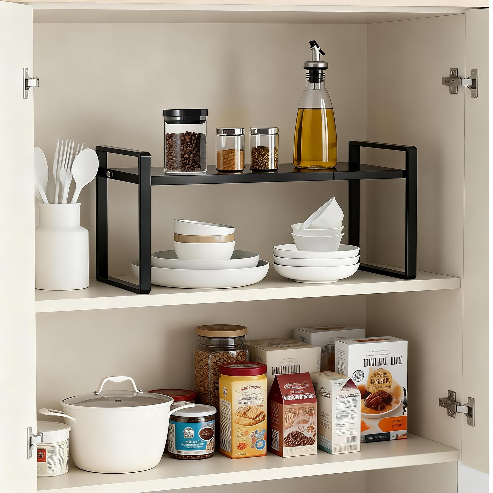 Küchenregal Arbeitsplatte Organizer,Schrankregal Ausziehbares 32-53cm, Organizer für die Arbeitsplatte，Regaleinsatz für Küchenschrank mit 3 Höhen,Schwarz