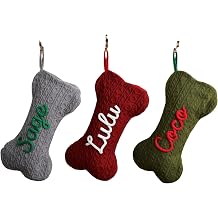 Personalized Pet Christmas Stockings, Cable Knit Bone Shaped Holiday Stockings with Custom Name, 4 Colors Available Green, Red, White Grey, 18 Inch Traditional Design