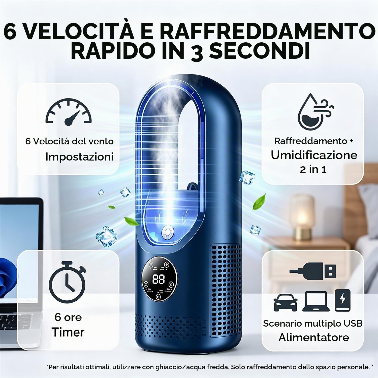 Ventilatore condizionatore portatile, mini condizionatore silenzioso senza pale con 6 velocità del vento e timer 1-6H, umidificatore, alimentato tramite USB, unità mini AC a risparmio energetico, da