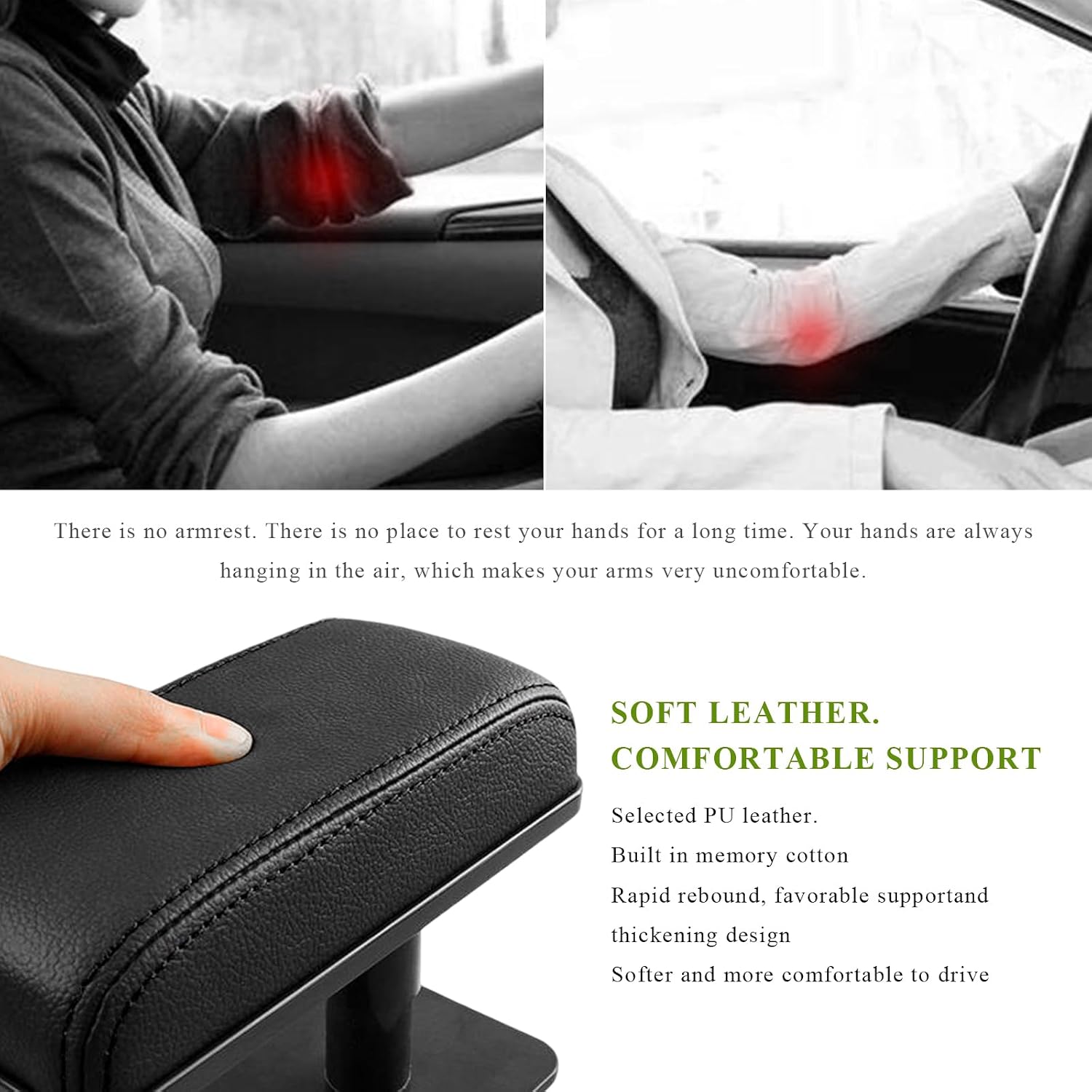 Car Armrest Pad, Adjustable Height Left Elbow Support Anti-Fatigue Car Door Arm Rest Cushion, Leather Central and Side Booster Pad Relieve Driver's Arm Fatigue, Car Accessories (Black)