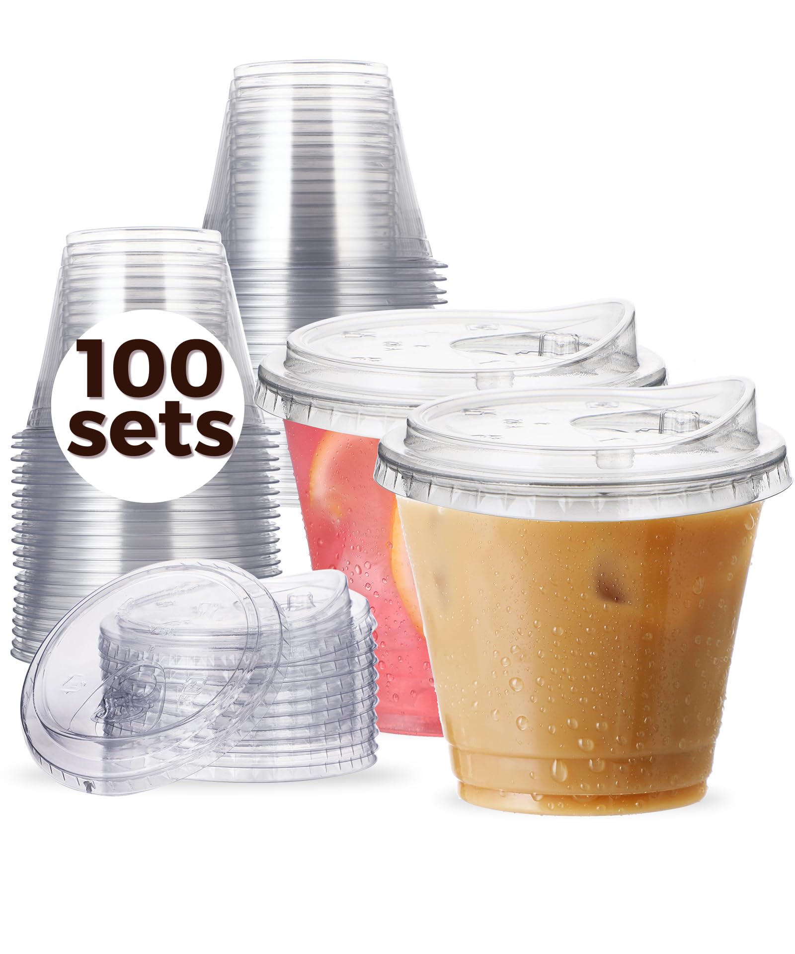 100 Pack 9 oz Clear Plastic Cups with Strawless-Sip-Lids, Disposable Cups Plastic Iced Coffee Cups, To Go Cups with Sip Through Lids for Smoothie,