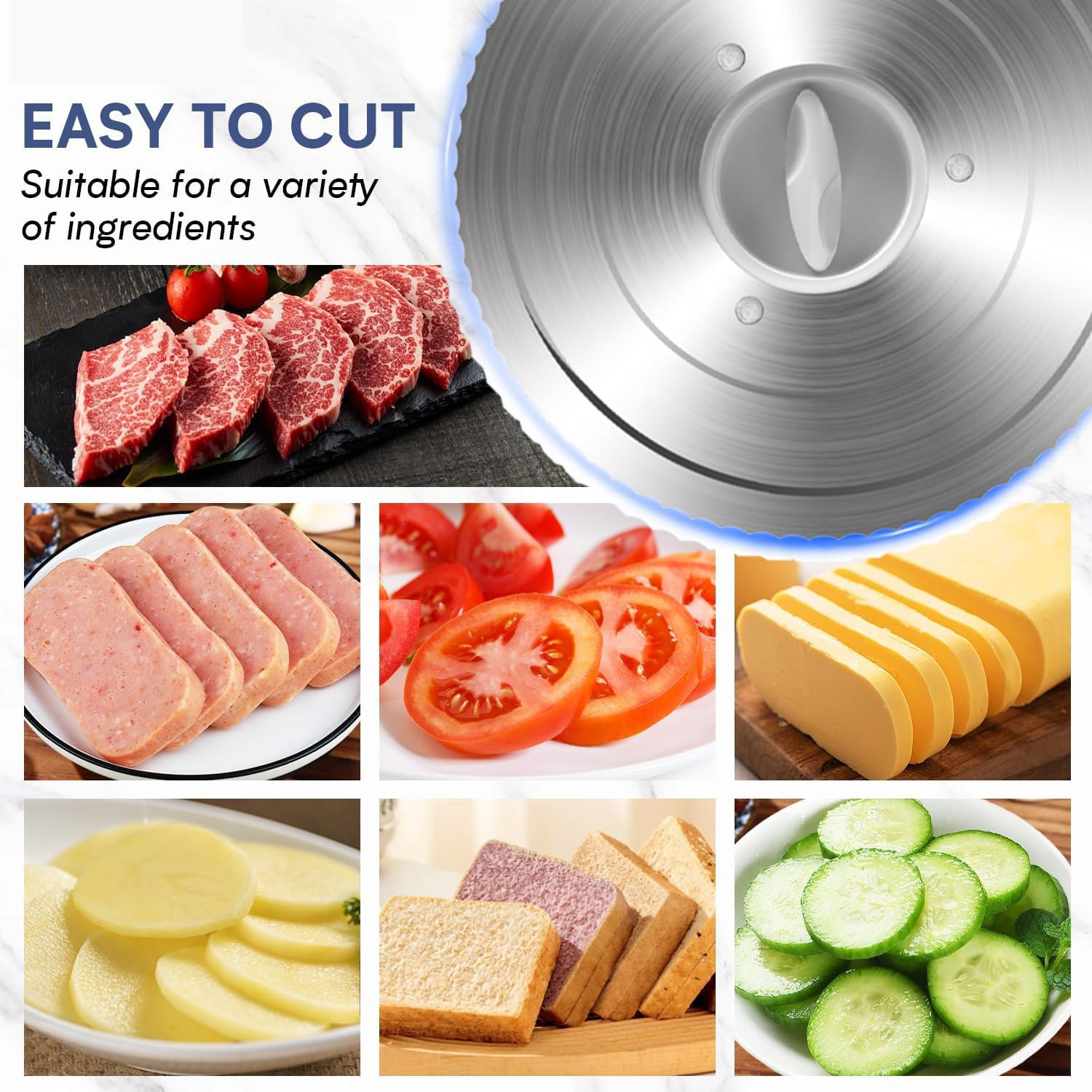 TYH Cortadora De Carne, Cortadora Eléctrica De 250 W para Fiambres, con Motor De CC Silencioso, 2 Cuchillas Extraíbles De Acero Inoxidable De 19 Cm (7,5"), Grosor Ajustable De 1 a 15 Mm