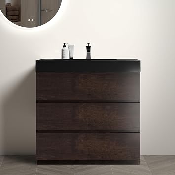 Yozma 36-Inch Freestanding Walnut Bathroom Vanity with Black Basin