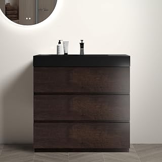 36 Inch Bathroom Vanity with Sink, Fully Assembled Modern Bathroom Cabinet with 3 Soft-Closing Drawers, Large Storage for Small Space Apartment Hotel, Walnut