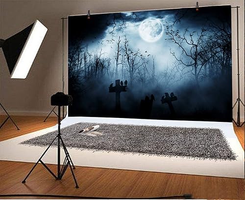 Miniatura 9 de Leyiyi Telón de fondo gótico de Halloween de 8 x 6.5 pies, grunge, cementerio, tumba, piedra cruz, cuervos, bosque brumoso, luna llena, murciélagos,