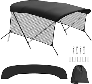 4 Bow Boat Bimini Top with Mesh Sidewalls & Storage Boot, Canvas Only | 8'L x 54" H x 67"-72" W, 600D marine canvas, breathable sunshade side netting, waterproof & UV protection