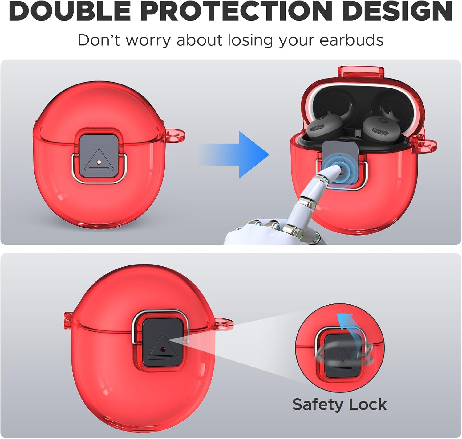 [Safety Lock] Compatible with Google Pixel Buds 2A Case, TPU Anti-Yellowing Shockproof Protective Cover for Google Pixel Buds 2A 2025, Includes Cleaning Kit & Carabiner (Transparent Red) image 3