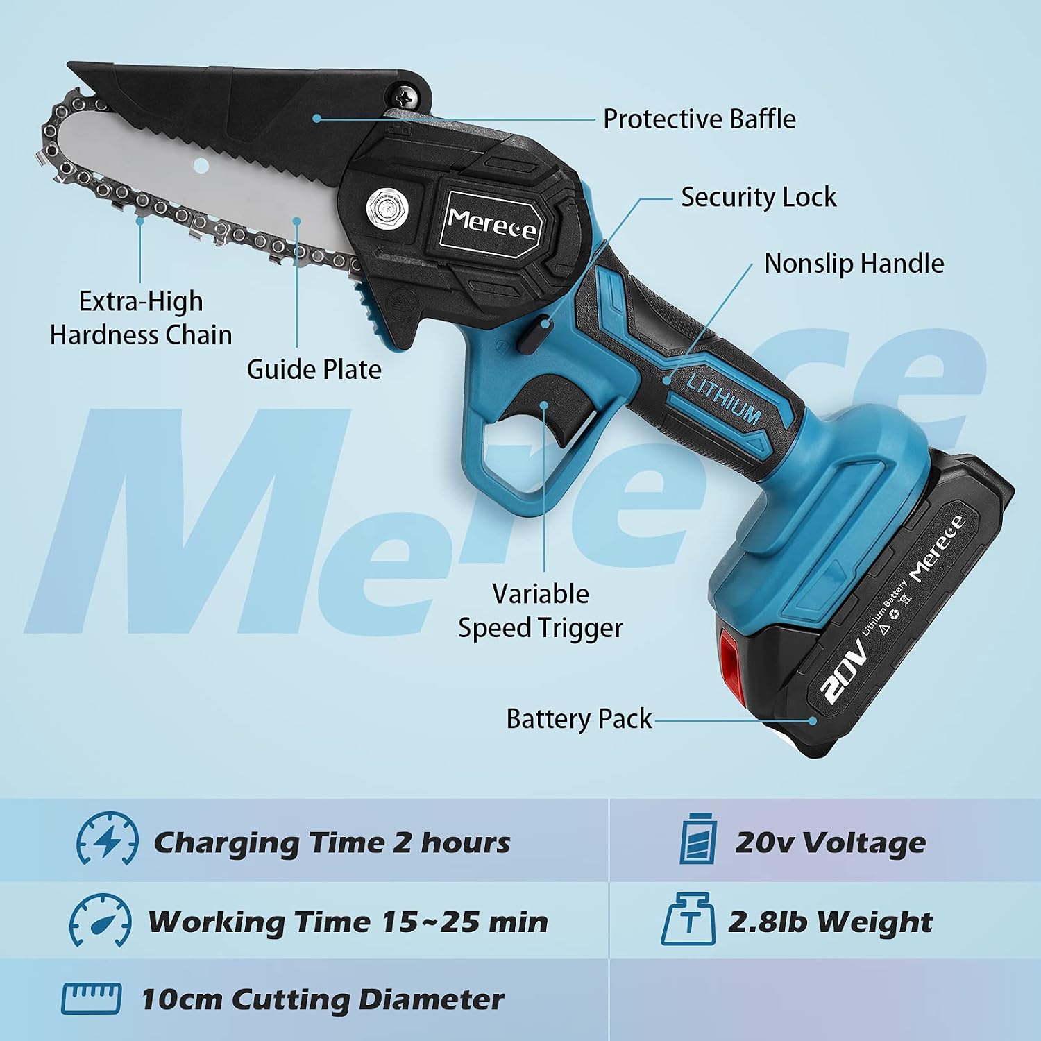 Mini Chainsaw, Mereced 4 Inch 20v Electric Chainsaw, Portable Handheld Cordless Chainsaw for gardening pruning tree trimming wood cutting, Battery and Charger Included