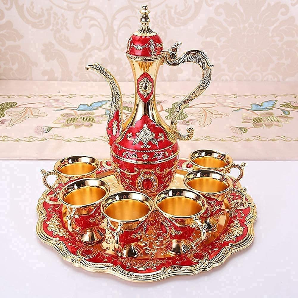 Set di Caffettiere Turche Vintage Set da tè Turco Europeo Creativo con Vassoio per Teiera E 6 Mini Tazze Set di Tazze da caffè,Regalo di Nozze di Artigianato Artistico (Rosso)