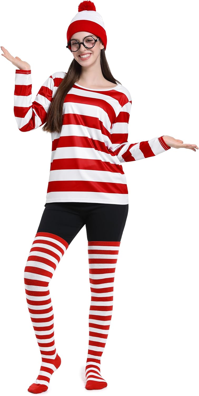 4 Pieces Adult Halloween Costume Set, Womens Costume Set Cosplay Red and White Striped Shirt Beanie Hat Nerd Glasses - Image 5