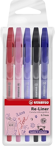 Caneta Esferográfica – STABILO Re-Liner – Estojo com 5 unidades – Em 5 cores