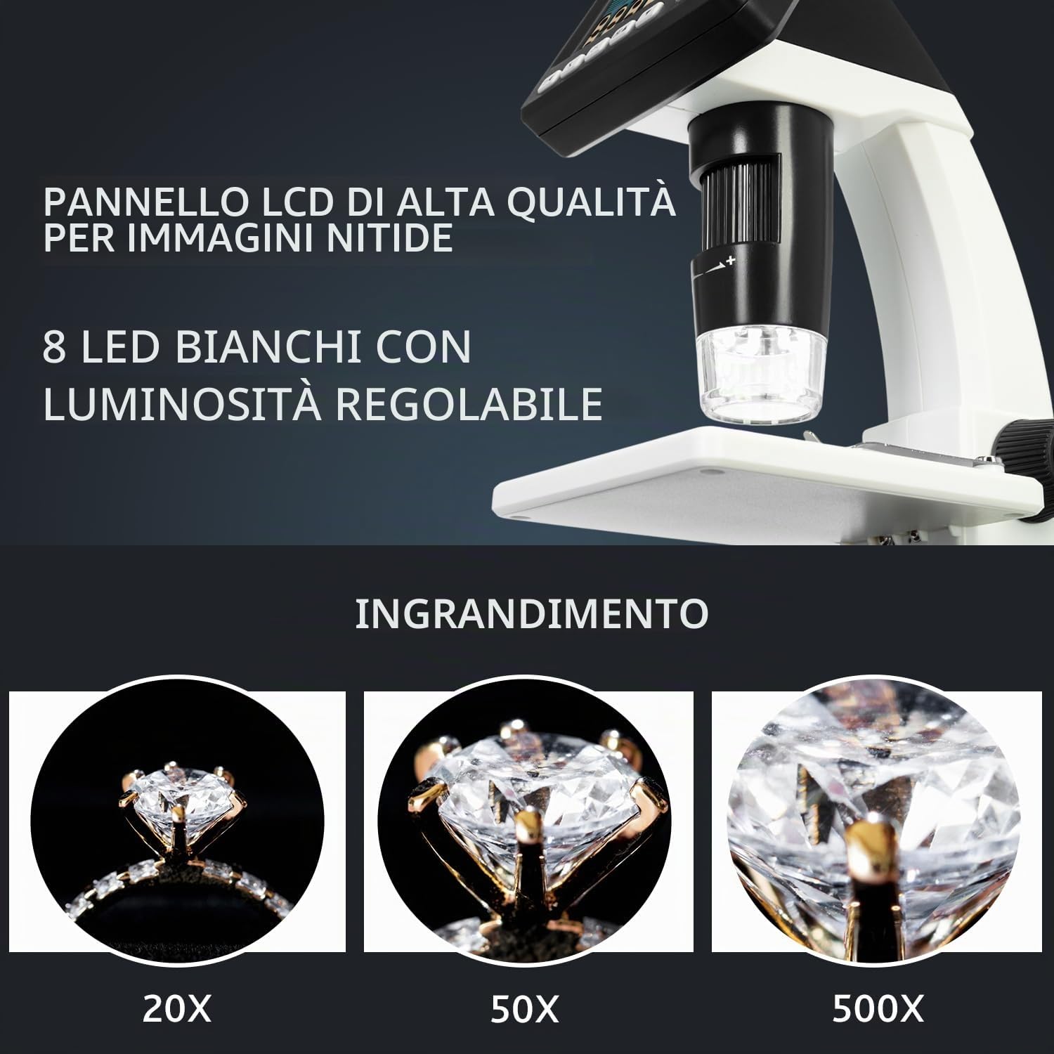 Levenhuk DTX 500 LCD – Microscopio Digitale Portatile con Display 3.5”, Zoom 20x–500x, Fotocamera/Video, 8 LED, Compatibile PC/Windows/MacOS, per Adulti e Bambini.