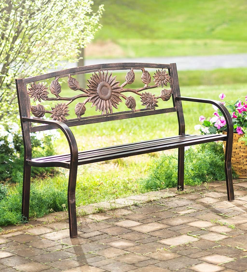 Plow & Hearth Black Metal Sunflower Garden Bench for Patio, Yard and Garden with Detailed Decorative Back Design Featuring Copper-Colored Flowers and Leaves, 50" W x 21" D x 34" H : Garden & Outdoor