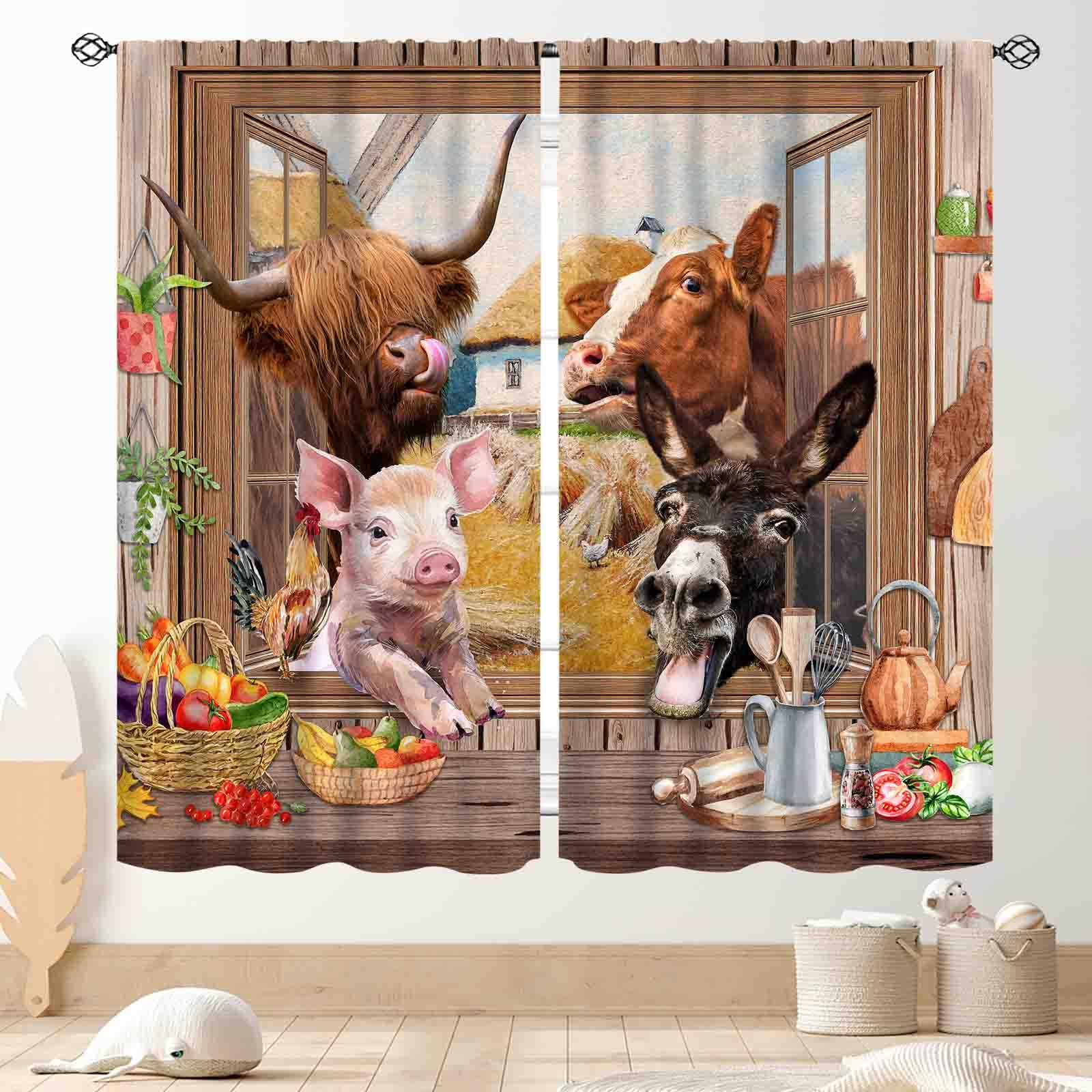 Farmhouse Kitchen Curtains, Rustic Farm Animals Rooster Sheep Donkey Highland Cow Polk Pig Rural Village Country Autumn Fall Window Treatments Drapery for Bedroom Living Room Bathroom, 42"x45" Inch