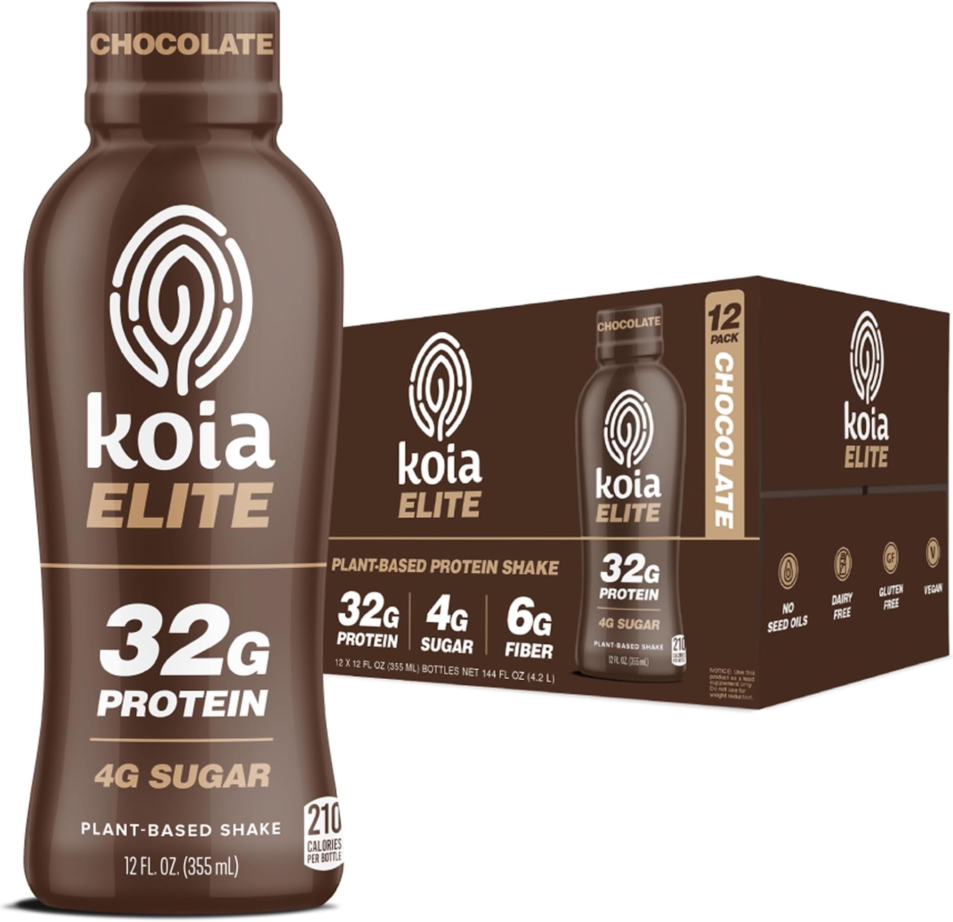 Koia Elite Plant Based Protein Shake, Chocolate, 32g Protein, 4g Sugar, 6g Prebiotic Fiber, Pre & Post Workout Nutritional Drink, No Seed Oils, Dairy-Free, Gluten-Free, Non-GMO, 12 Fl Oz (Pack of 12)