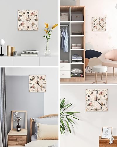 Miniatura 4 de Reloj de pared de madera con flores rosas, silencioso, sin tictac, estampado floral de primavera, blanco, vintage, cuadrado, funciona con pilas,