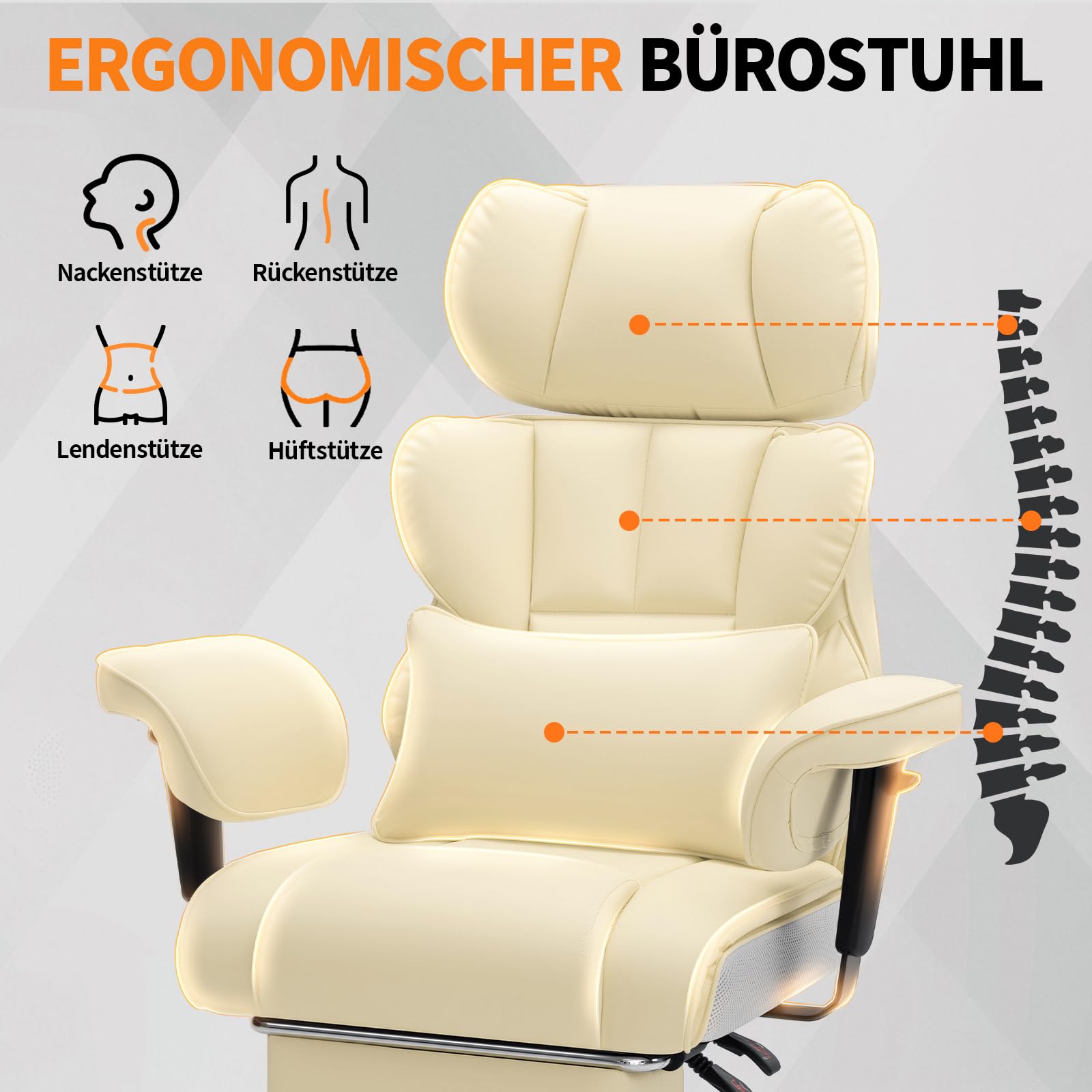 HOFFREE Ergonomischer Bürostuhl mit Fußstütze PU Leder Chefsessel mit 155° Liegefunktion, Verstellbare Armlehnen und Kopfstütze, Bürosessel Chefsessel 200kg für Büro und Schlafzimmer (Beige)