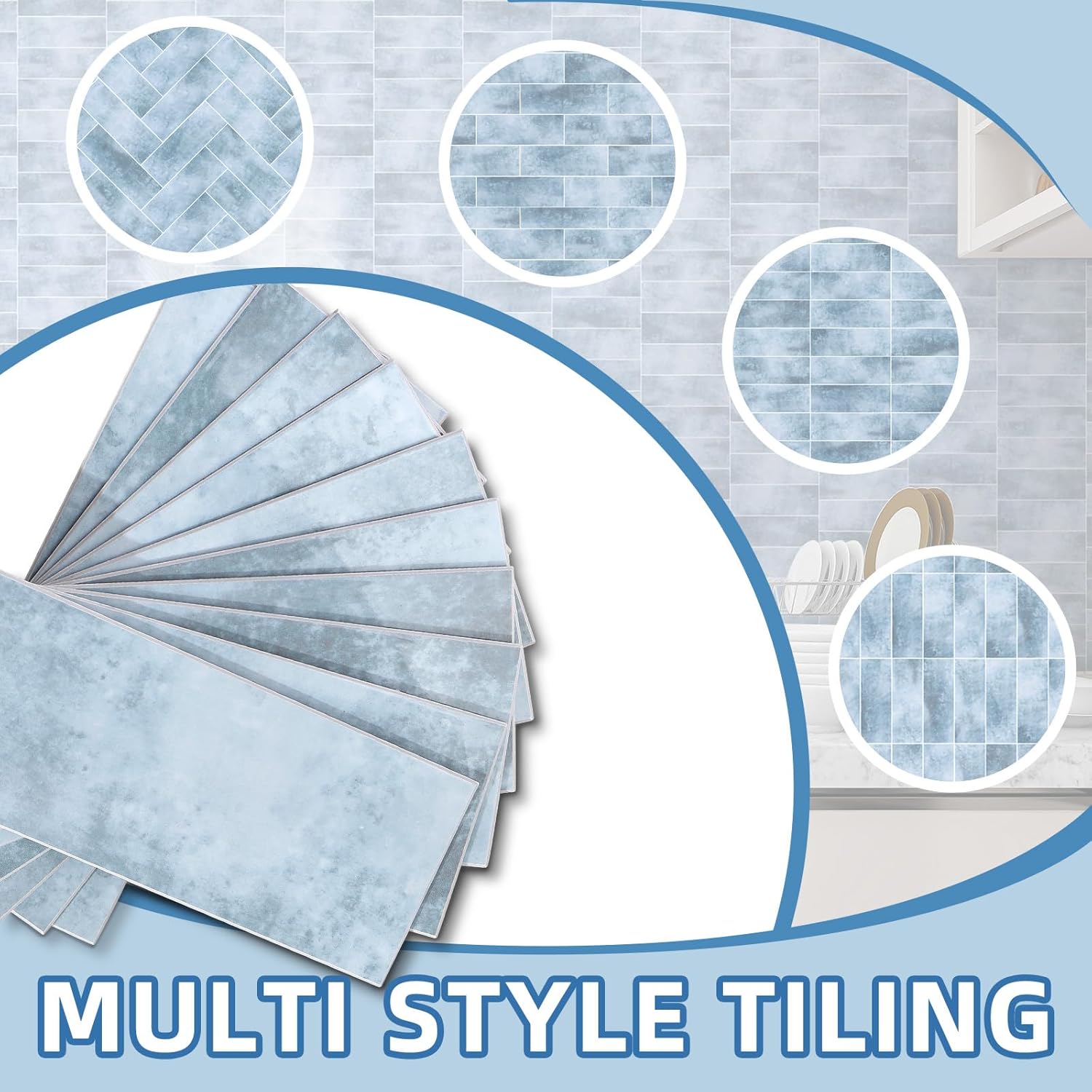 30 PCS Peel and Stick Backsplash for Kitchen - Glossy Subway Tile - 3"x 9" Self-Adhesive Stick on Wall Tile, Hard SPC Imitation Stone Glazed Mosaic (Light Blue, 3" x 9" x 0.12")