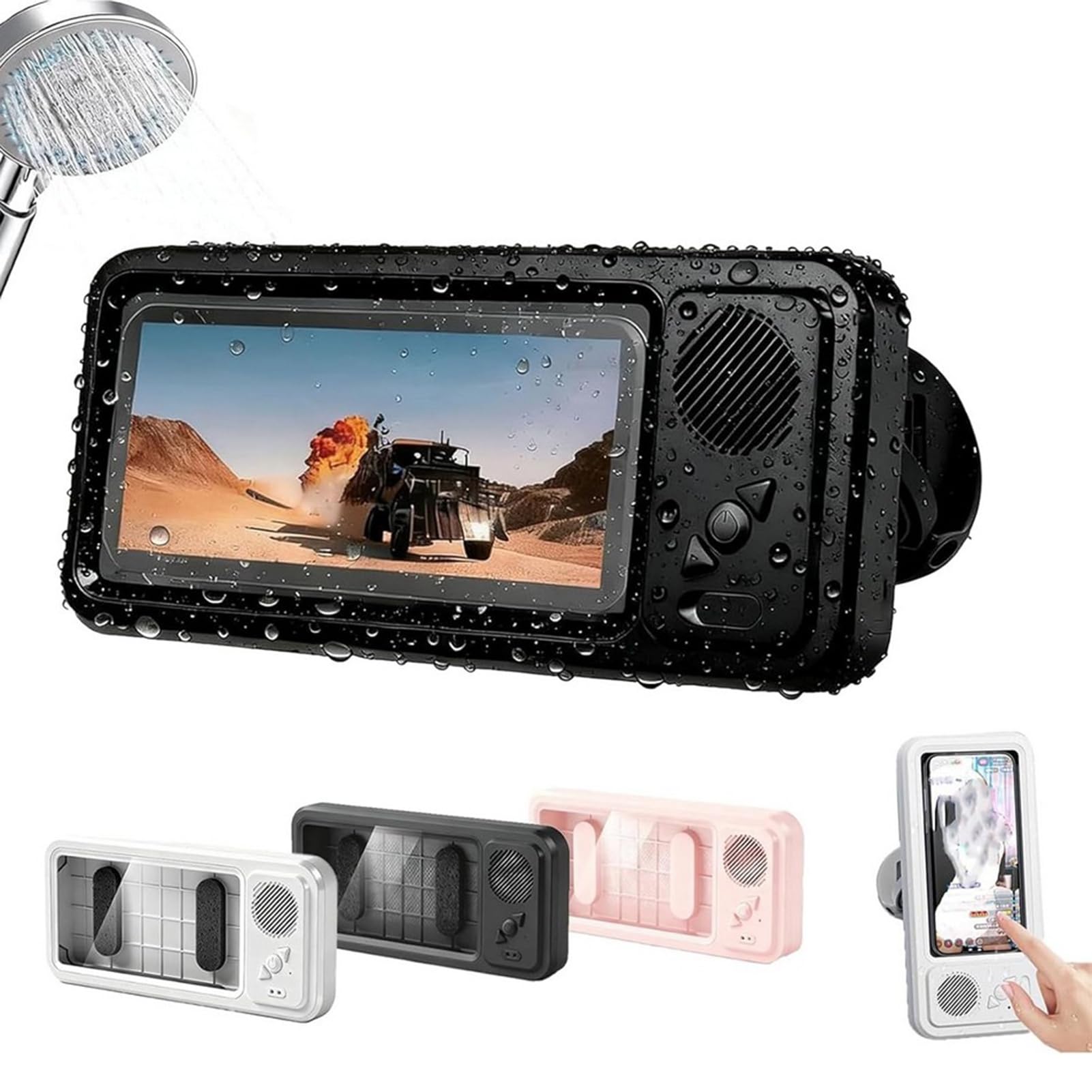 Wasserdichte Handyhalterung mit Bluetooth-kompatibler Lautsprecher, verstellbare Drehung, Dusche, Telefonständer, Touchscreen, Badezimmerhalterung zum Ansehen von Videos, Schwarz