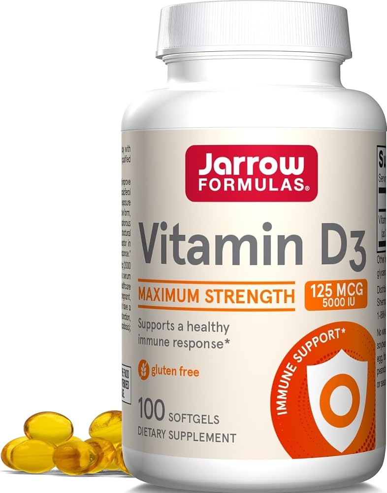 Suplementos de vitamina D3 de Jarrow 125 mcg (5000 UI), 100 cápsulas blandas | Suplemento de vitamina D para la salud ósea, apoyo inmunológico y apoyo al metabolismo del calcio, sin gluten, vitaminas D3, 100 porciones
