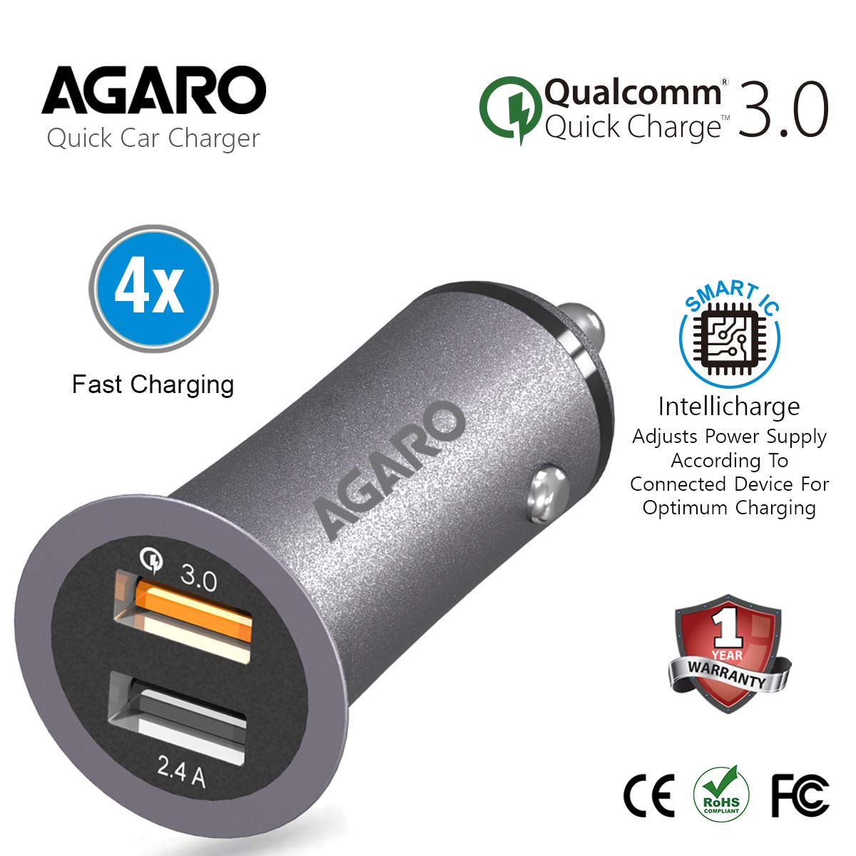 AGARO Blaze Qualcomm Certified Dual Port Quick Car Charger 5.4A (B07PHLD77D) Amazon Price History, Amazon Price Tracker