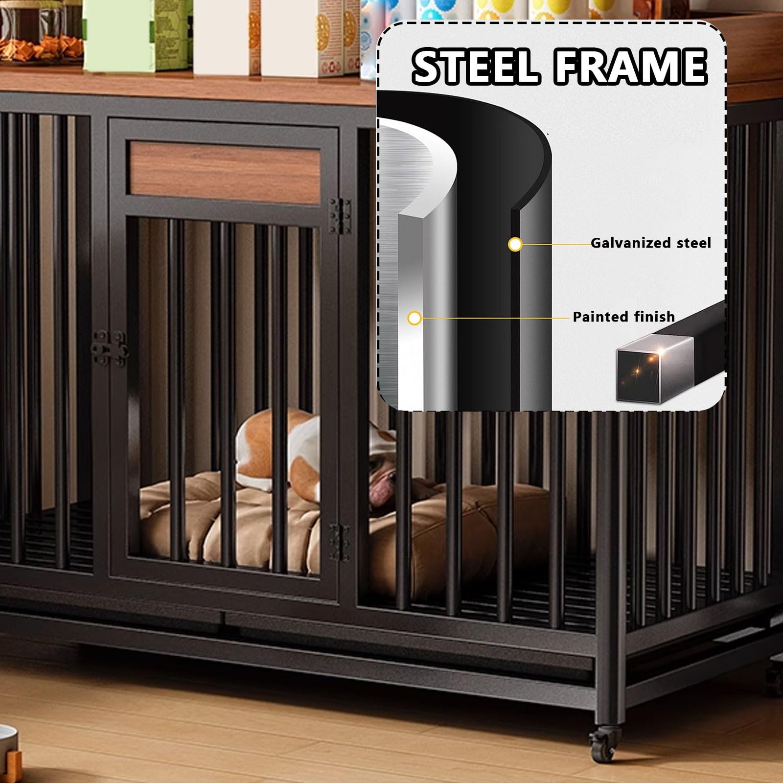 gabbia per cani， Grande trasportino for cani realizzato con telaio in acciaio, ruote girevoli freni e vassoio porta bloccabile(Black dark walnut,110 cm L x 60 cm W x 101 cm H)