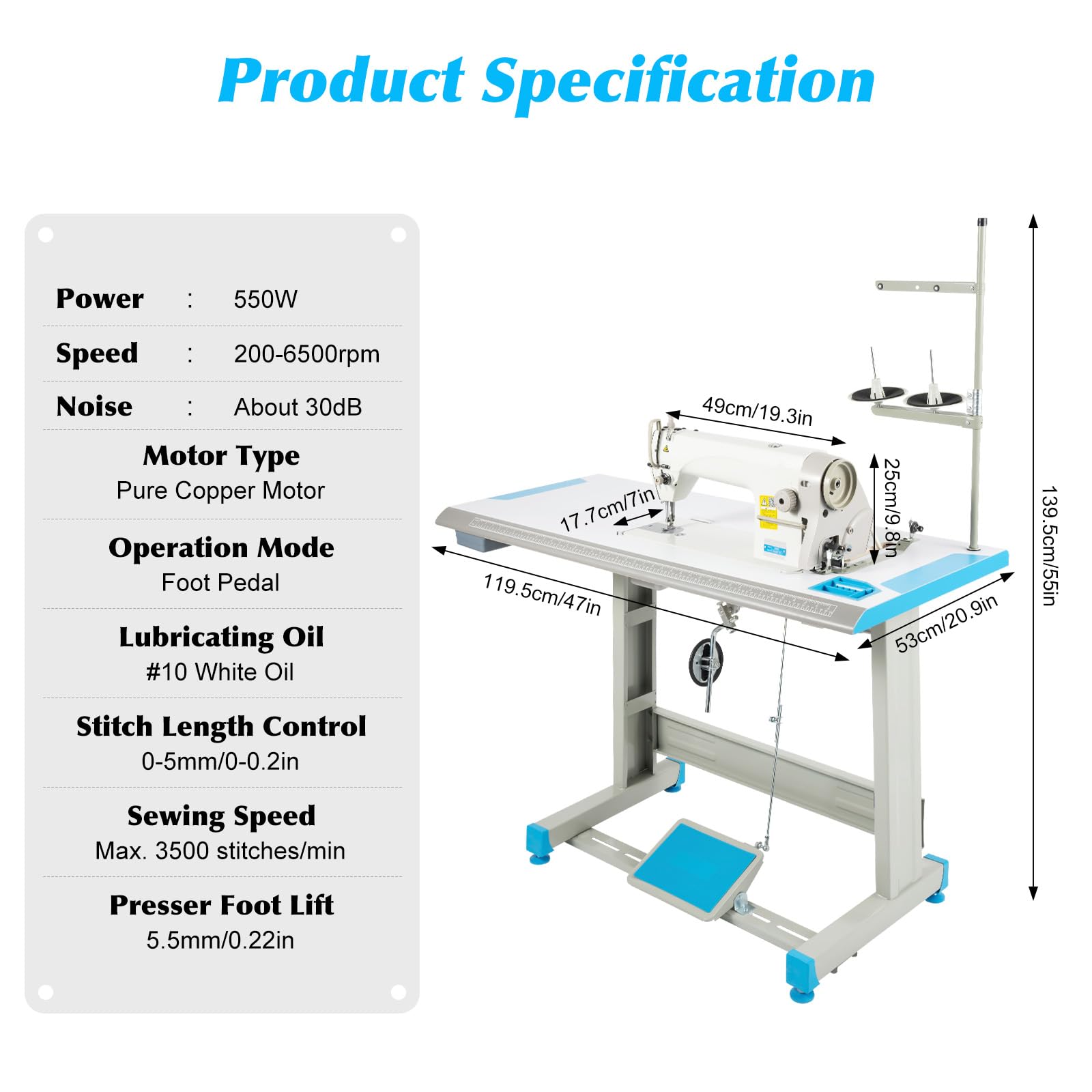 Industrial Sewing Machine, 550W Heavy-duty Lockstitch Sewing Machine with Motor, Electro-mechanization Intelligent Start-stop, 0-5 mm Commercial Grade Sewing Machine