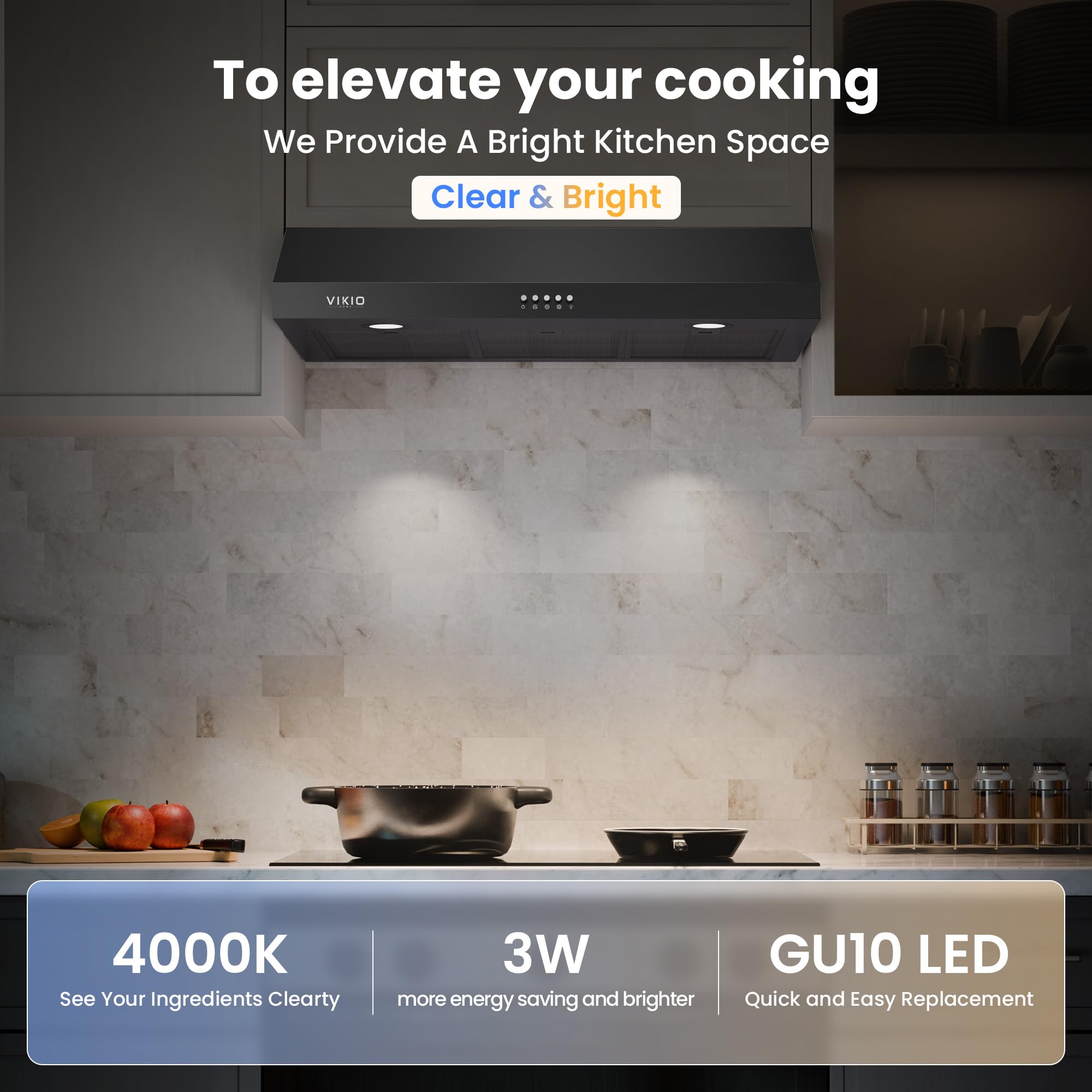 Kitchen scene showing bright LED lighting from the range hood illuminating the cooktop