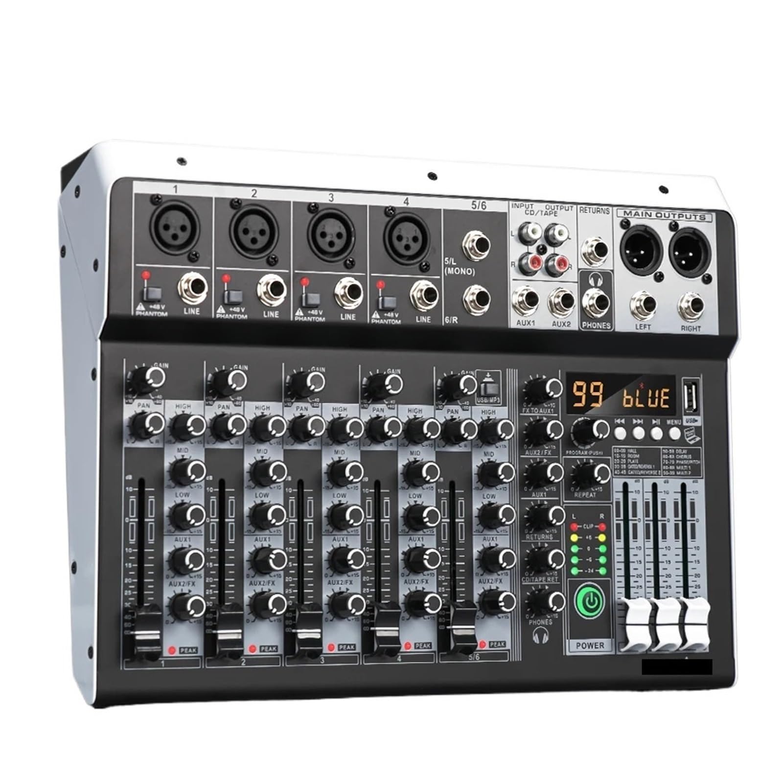 6 Channel 99 DSP Effect Mixer Record PC 48V Phantom Power USB Sound Mixers Bluetooth DJ Console Mixing
