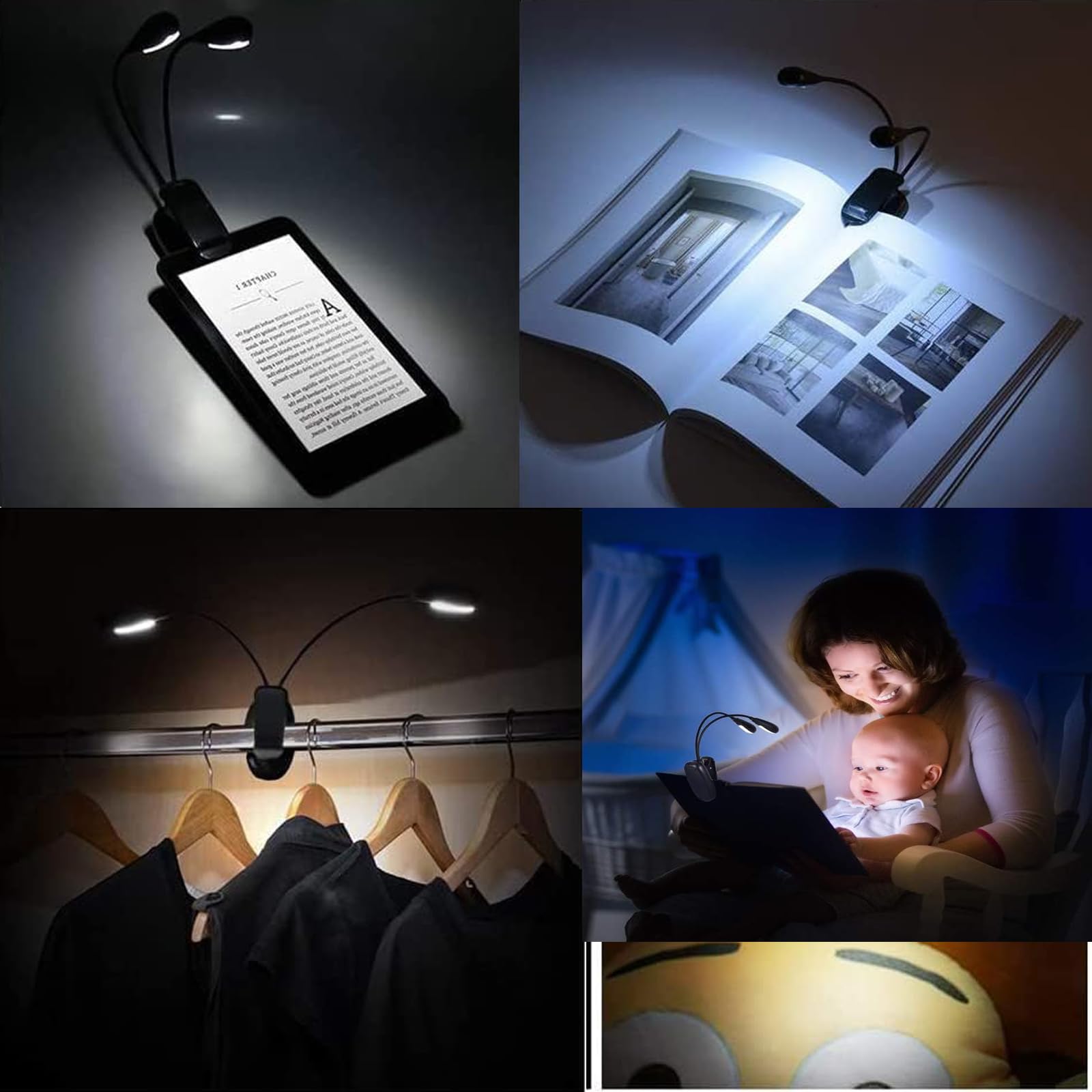 KINGCOO 8LED Buch Leselicht, Einstellbar Doppelkopf Tischlampe Klemmleuchte Lichter Clip Leselampe Tageslichtweiß Notenständer Licht mit 2 Helligkeit USB Kabel für BBQ Schreibtisch Reisen (6Stück)