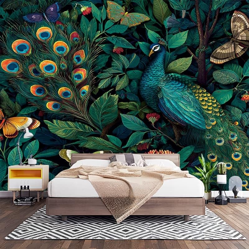 Papier peint paon 3D vert décor mural de la jungle - 3