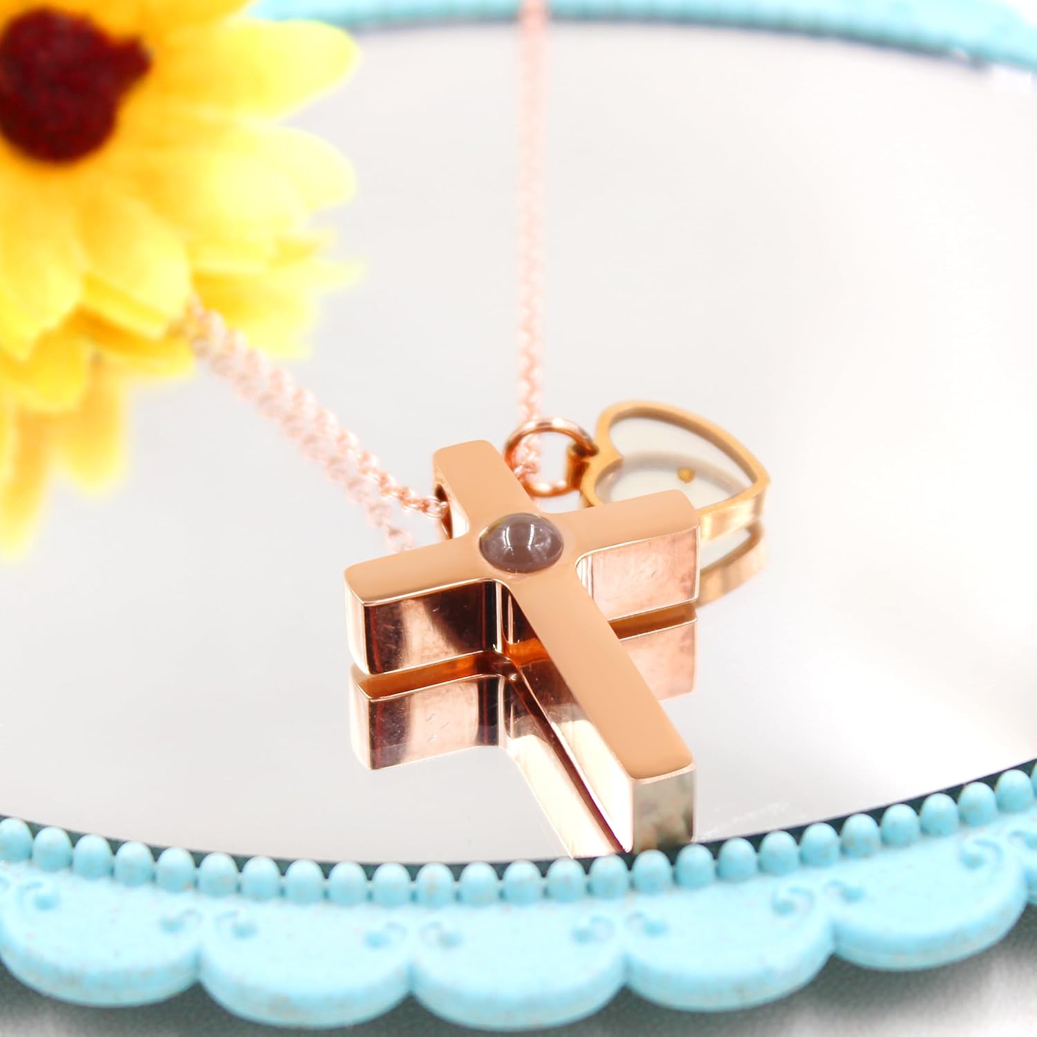 Uloveido Projection Cross Necklace - I Love You in 100 Languages Cross Necklace with Heart Mustard Seed Charm Religious Jewelry Christian Gifts