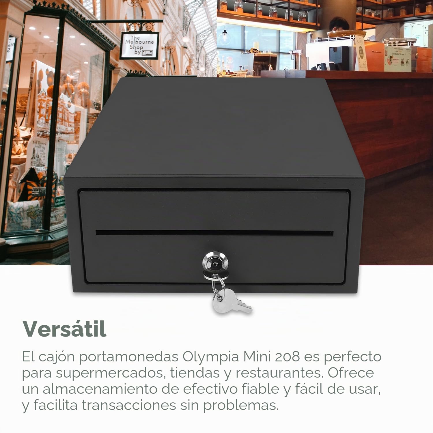 OLYMPIA Mini 208 Cajón de efectivo de metal completo | Base para caja registradora | Cajón con 6 monedas y 3 compartimentos para billetes | Conector RJ12 y cerradura