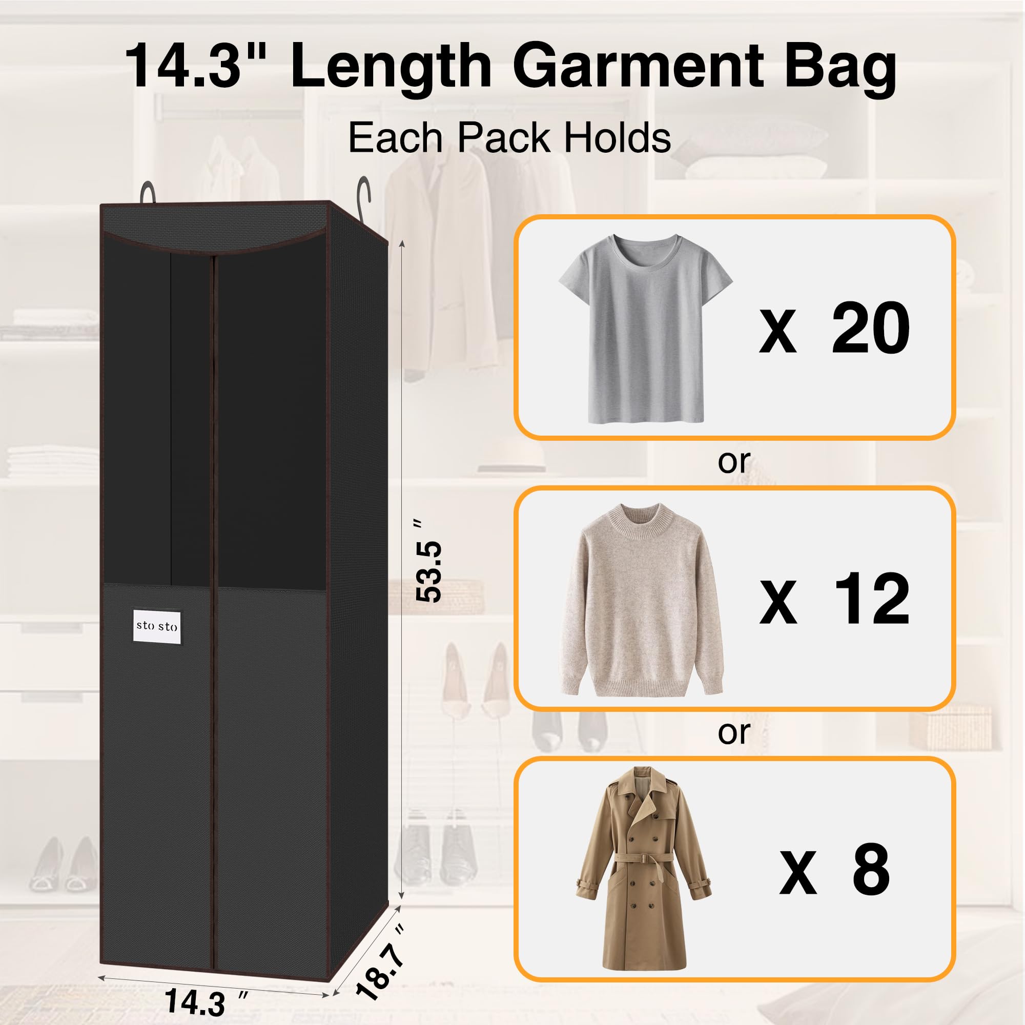STO STO Paquete de 2 bolsas de ropa para colgar armario, funda de ropa colgante con barra de acero integrada, bolsa de almacenamiento colgante para traje, vestido con ventana transparente, cremallera,