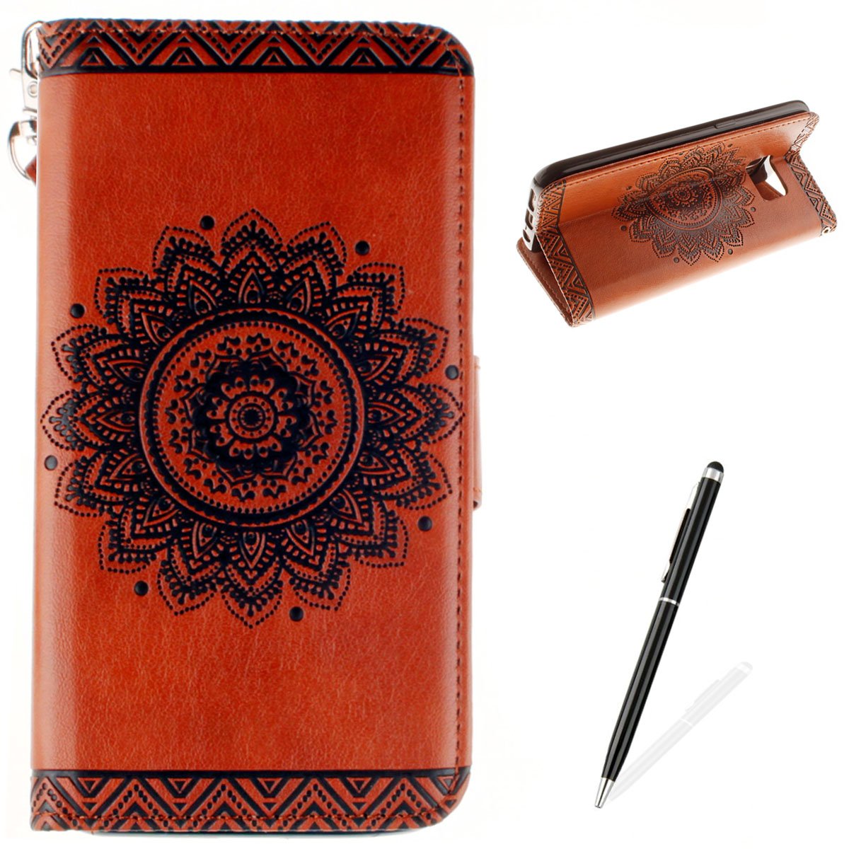 Feeltechfor Samsung Galaxy S7 case Flip Folio Wallet Cover Premium PU Leather Pouch Protective Magnetic Closure Book Style Shell With Stylus Wrist Strap Stand Funcation Relife Mandala